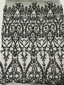 Heart Shape Sequins Fabric - Black - 4 Way Stretch Sequins Damask Fabric By Yard