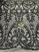 Heart Shape Sequins Fabric - Black - 4 Way Stretch Sequins Damask Fabric By Yard