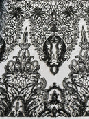 Damask Beaded Pattern Fabric - Black - Embroidered Beaded Bridal Applique Fabric Sold By The Yard
