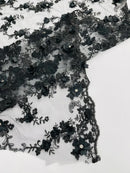 3D Flower Sequin Cluster Design - Black - Sequins Embroidered Floral Design on Tulle Sold By Yard