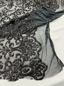 Damask Fancy Pattern Fabric - Black - 4 Way Stretch Sequins Prom Design By Yard