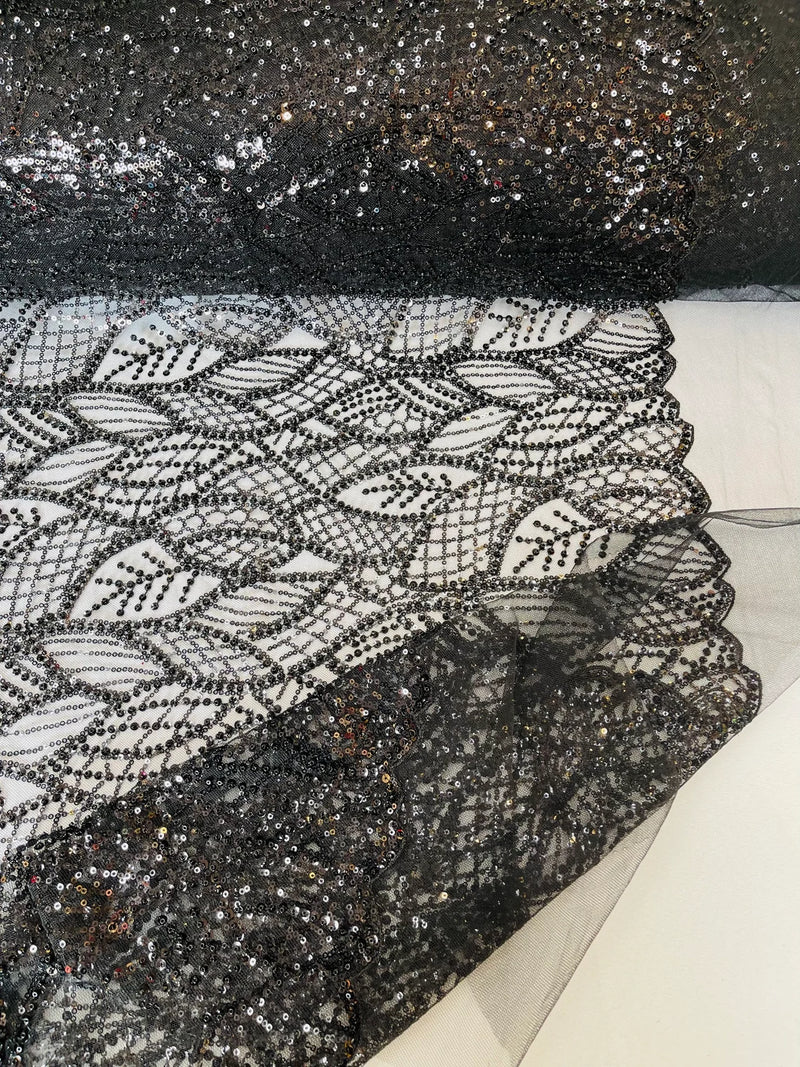 Fancy Leaf Pattern with Beads - Black - Embroidered Leaves Design on Mesh Sold By The Yard