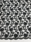 Floral Embroidered Lace - Black - Floral Corded Lace With Sequins Sold By Yard