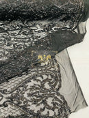 Heart Shape Sequins Fabric - Black - 4 Way Stretch Sequins Damask Fabric By Yard