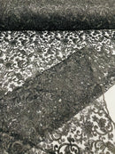 Metallic Flower Design - Black - Corded Floral Pattern Sequins Fabric Sold By Yard