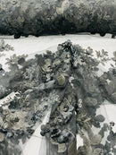 3D Rose Plant Fabric - Black - Embroidered Flower Design Rose Fabric Sold by Yard