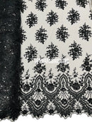 Floral Cluster Beaded Fabric - Black - Embroidered Fancy Fashion Design Beads and Sequins Sold by yard
