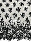 Floral Cluster Beaded Fabric - Black - Embroidered Fancy Fashion Design Beads and Sequins Sold by yard