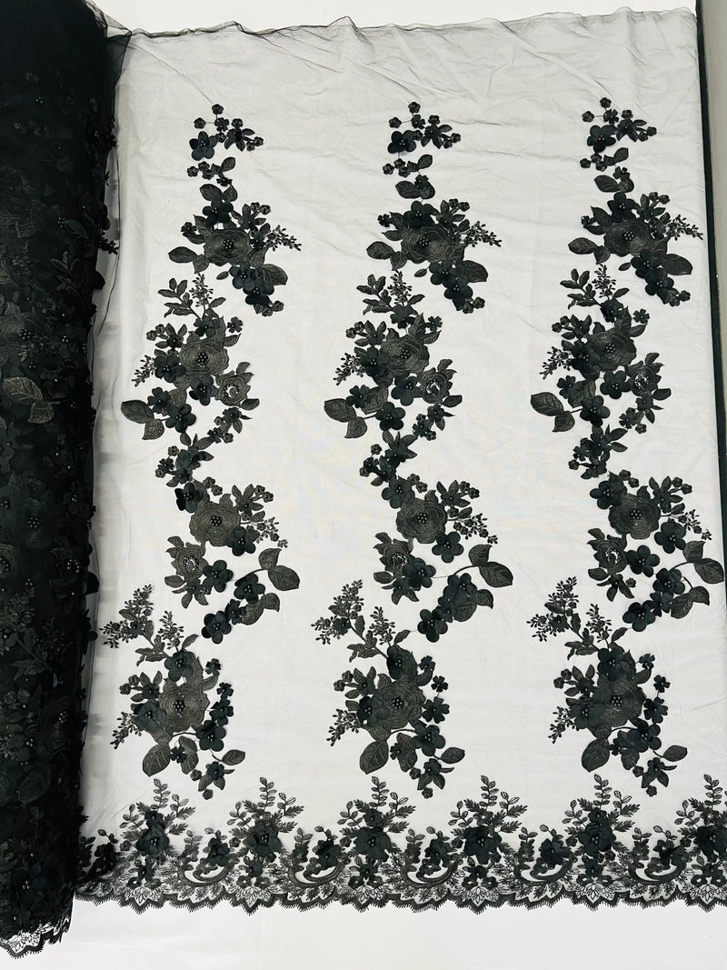 3D Rose Plant Fabric - Black - Embroidered Flower Design Rose Fabric Sold by Yard