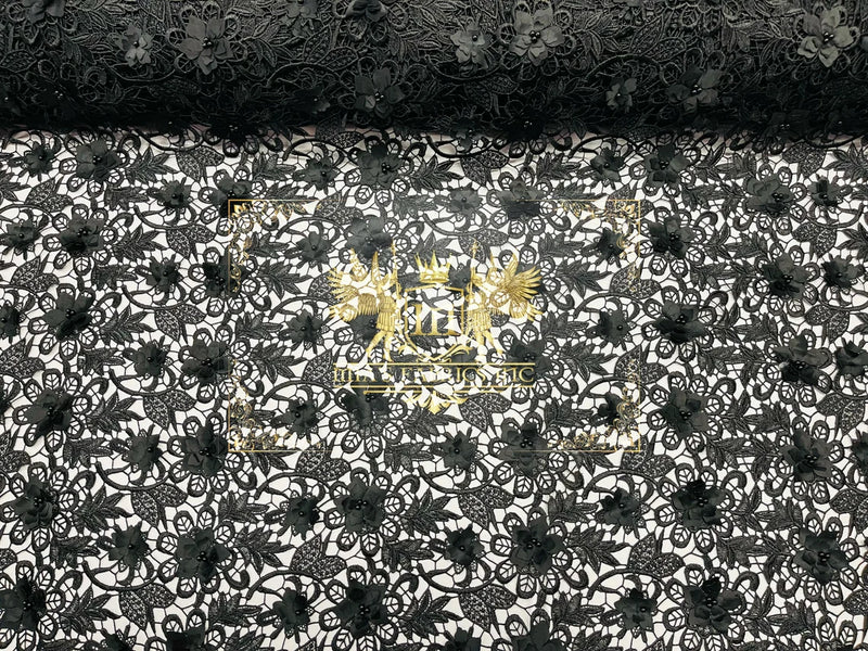 Guipure Lace Fabric - Black - Floral Bridal Guipure Lace with Pearls Sold by the Yard