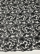 Metallic Flower Design - Black - Corded Floral Pattern Sequins Fabric Sold By Yard