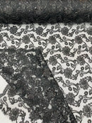 Floral Embroidered Lace - Black - Floral Corded Lace With Sequins Sold By Yard