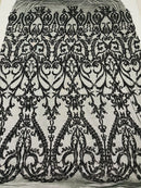 Heart Shape Sequins Fabric - Black - 4 Way Stretch Sequins Damask Fabric By Yard