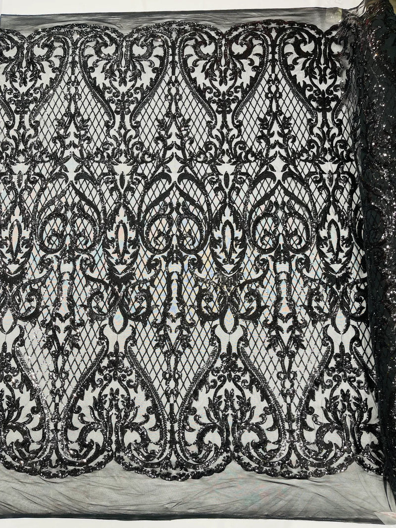 Heart Shape Sequins Fabric - Black - 4 Way Stretch Sequins Damask Fabric By Yard