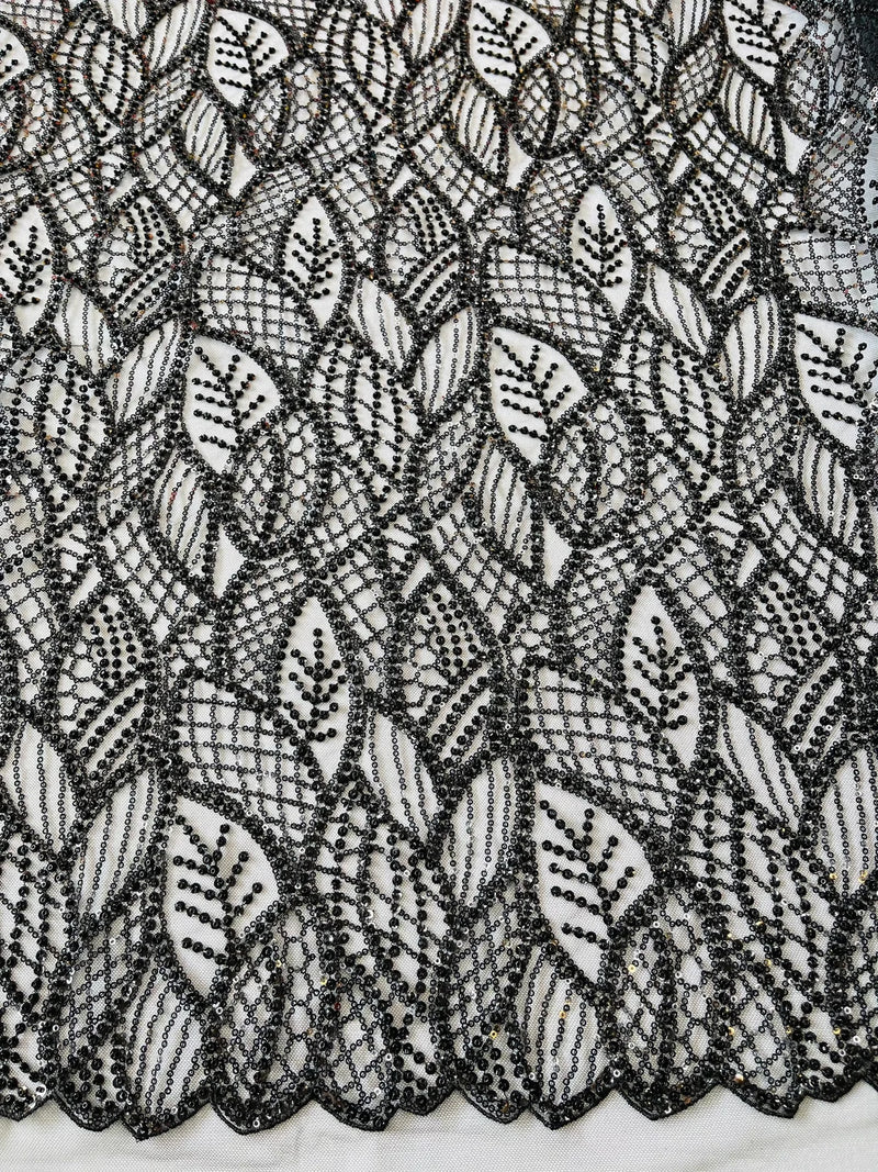 Fancy Leaf Pattern with Beads - Black - Embroidered Leaves Design on Mesh Sold By The Yard