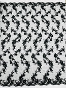 3D Flower Sequin Cluster Design - Black - Sequins Embroidered Floral Design on Tulle Sold By Yard