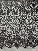 Damask Fancy Pattern Fabric - Black - 4 Way Stretch Sequins Prom Design By Yard