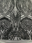 Long Wavy Line Design Sequins - Black - 4 Way Stretch Sequin Design on Mesh Fabric By Yard