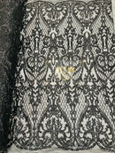 Heart Shape Sequins Fabric - Black - 4 Way Stretch Sequins Damask Fabric By Yard