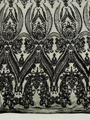 Damask Sequins - Black - Damask Sequin Design on 4 Way Stretch Fabric By Yard