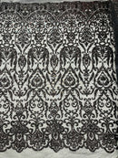 Damask Fancy Pattern Fabric - Black - 4 Way Stretch Sequins Prom Design By Yard