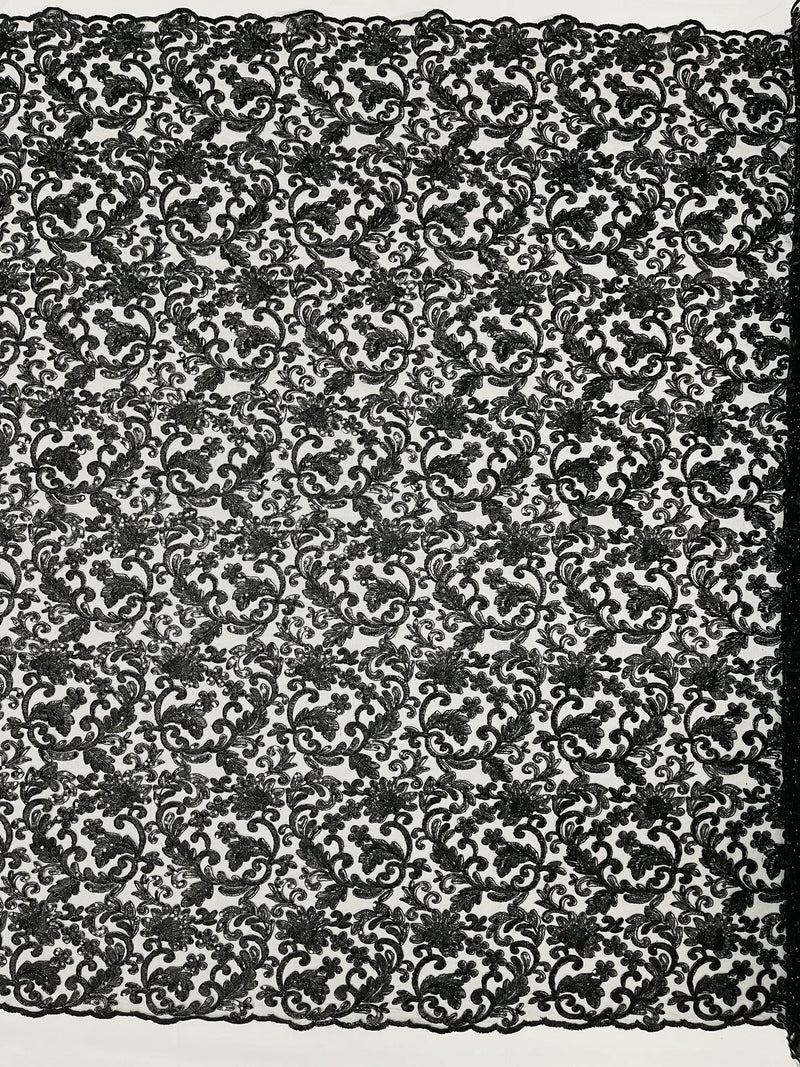 Metallic Flower Design - Black - Corded Floral Pattern Sequins Fabric Sold By Yard