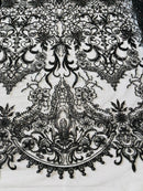 Damask Beaded Pattern Fabric - Black - Embroidered Beaded Bridal Applique Fabric Sold By The Yard
