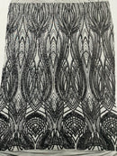 Long Wavy Line Design Sequins - Black - 4 Way Stretch Sequin Design on Mesh Fabric By Yard