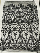 Heart Shape Sequins Fabric - Black - 4 Way Stretch Sequins Damask Fabric By Yard