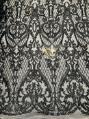 Heart Shape Sequins Fabric - Black - 4 Way Stretch Sequins Damask Fabric By Yard