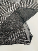 Geometric Line Design - Black - Geometric Design Lime Sequins on Mesh Sold By Yard