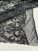 Heart Shape Sequins Fabric - Black - 4 Way Stretch Sequins Damask Fabric By Yard