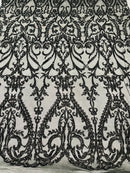 Heart Shape Sequins Fabric - Black - 4 Way Stretch Sequins Damask Fabric By Yard