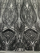 Long Wavy Line Design Sequins - Black - 4 Way Stretch Sequin Design on Mesh Fabric By Yard