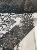Damask Beaded Pattern Fabric - Black - Embroidered Beaded Bridal Applique Fabric Sold By The Yard