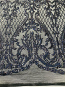 Heart Shape Sequins Fabric - Black Holographic - 4 Way Stretch Sequins Damask Fabric By Yard