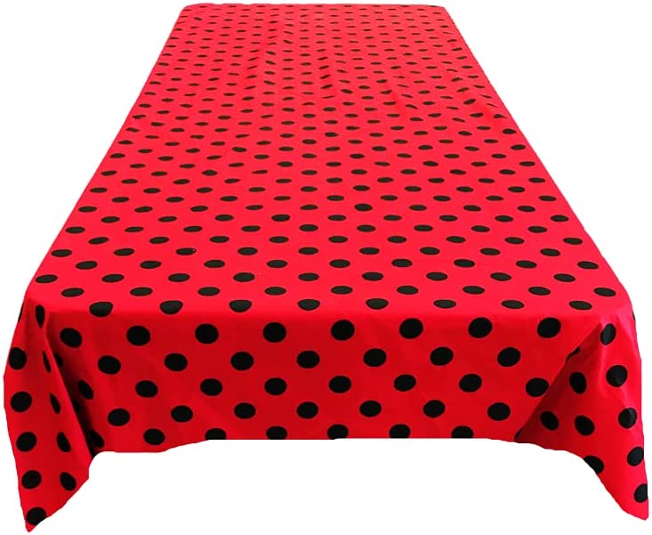 58" Polka Dot Tablecloth - Black on Red - Linen Polka Dot Rectangular Tablecloth (Pick Size)