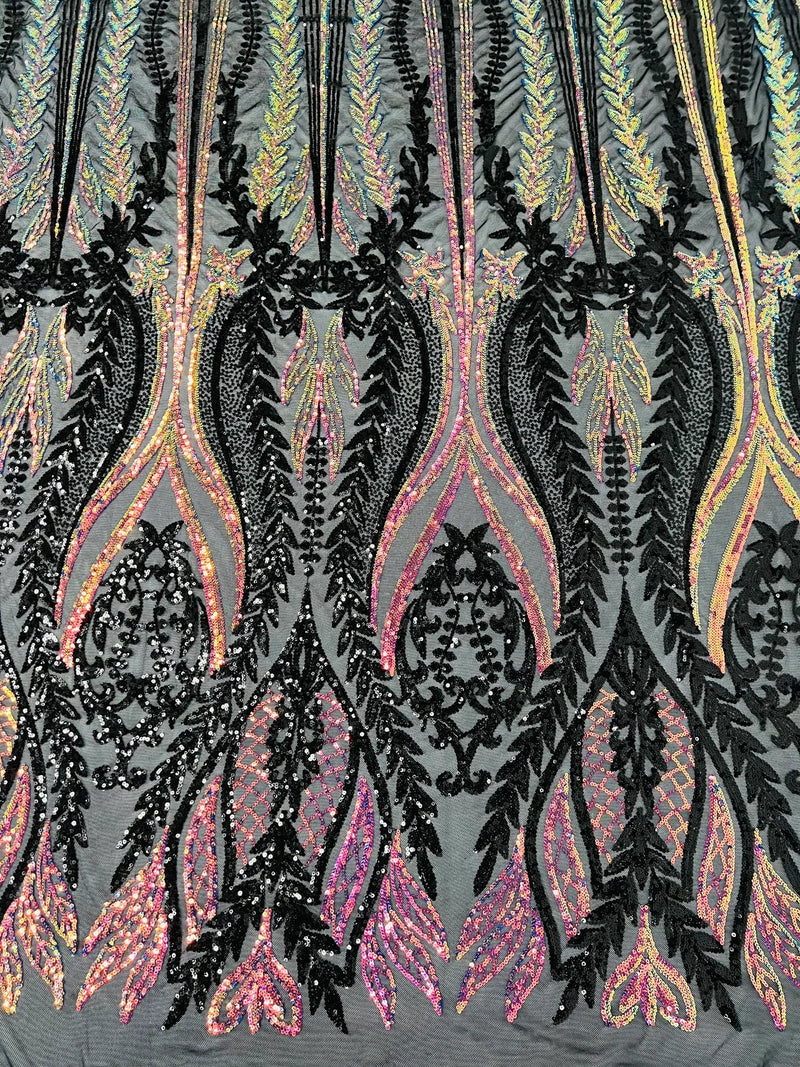 Two Tone Mermaid Fabric - Black/Rainbow Iridescent - 4 Way Stretch Sequins Fabric on Mesh By Yard