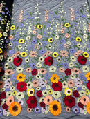 Multi-Color Flower Fabric - Black Mesh - Embroidered Floral Design Fabric Sold by Yard