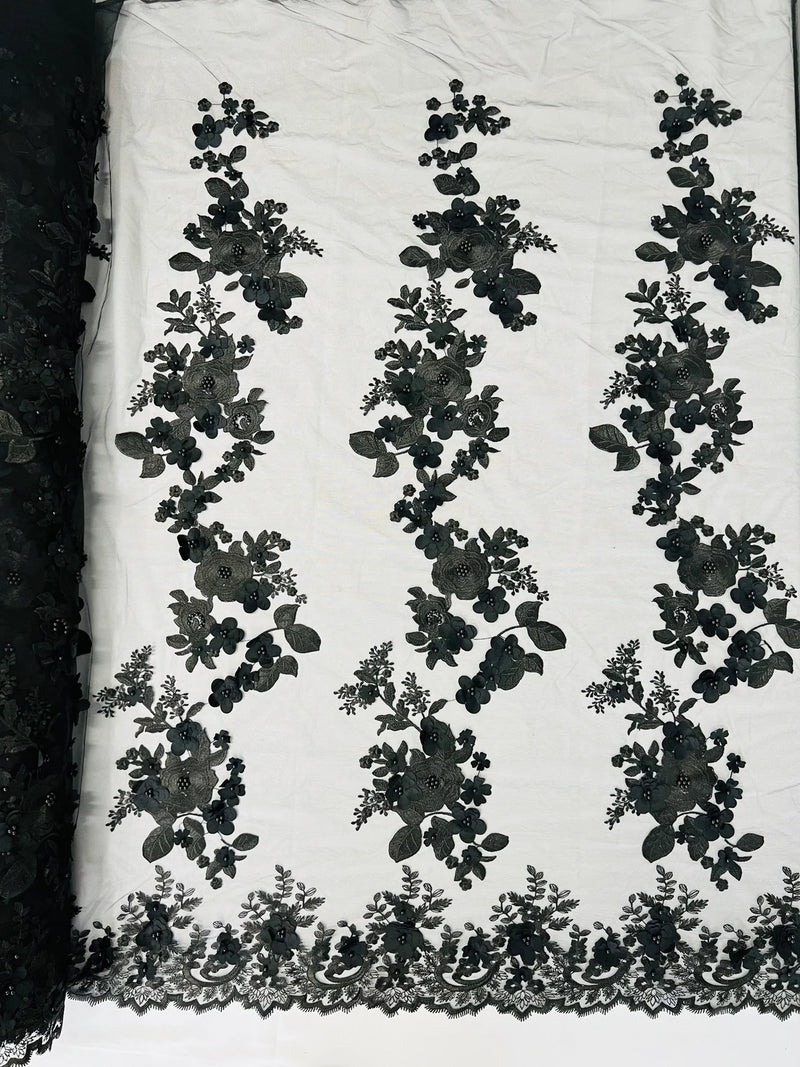 3D Rose Plant Fabric - Black - Embroidered Flower Design Rose Fabric Sold by Yard
