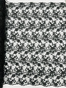 Small Flower Plant Fabric - Black - Floral Embroidered Design on Lace Mesh By Yard