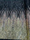 Three Tone Feather Fabric - Black/Rose/Light Gold - 4 Way Stretch Embroidered Sequins By Yard