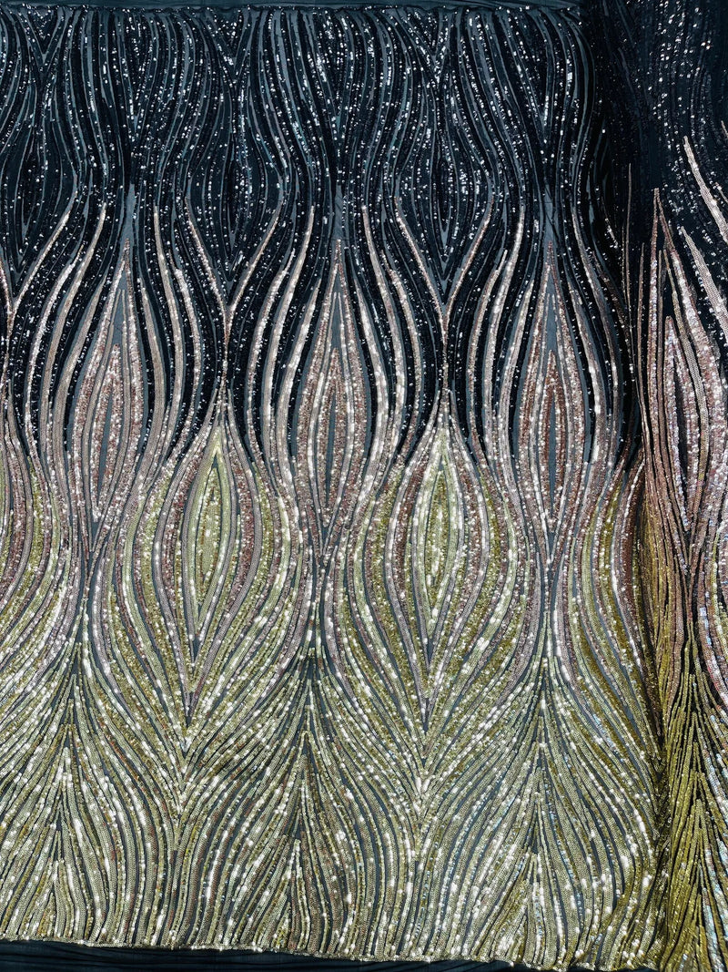 Three Tone Feather Fabric - Black/Rose/Light Gold - 4 Way Stretch Embroidered Sequins By Yard
