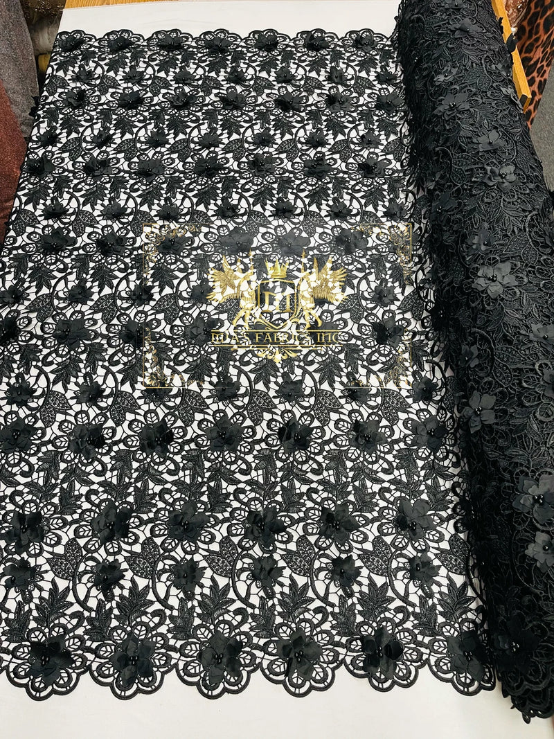 Guipure Lace Fabric - Black - Floral Bridal Guipure Lace with Pearls Sold by the Yard