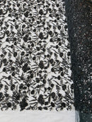Beaded Design Floral Pattern - Black - Embroidered Beads in Floral Pattern on Mesh Sold By The Yard