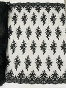Fancy Border Cluster Fabric - Black - Embroidered Beaded Flower Lace Design on Mesh Yard