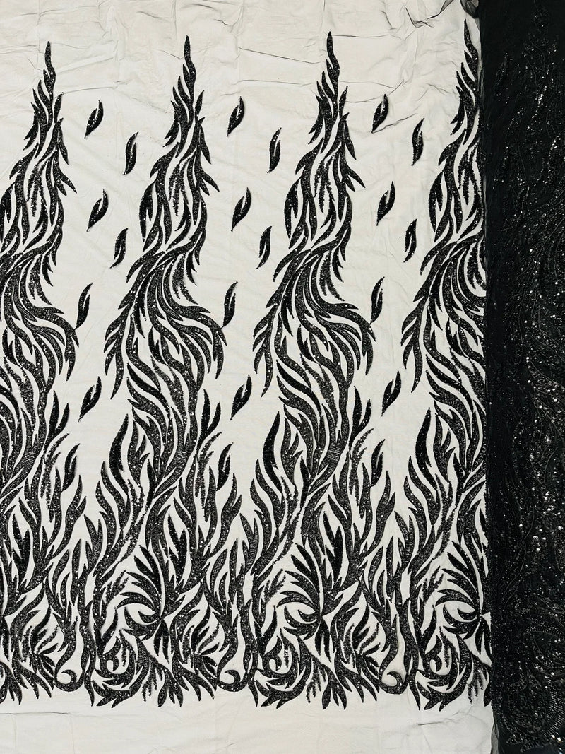 Beaded Flame Design Fabric - Black - Beaded Embroidered Fire Flame Design Fabric by Yard