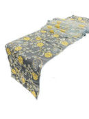 12" x 90" Metallic Floral Table Runner - Gold / Blue - Floral Table Runners for Event Decoration