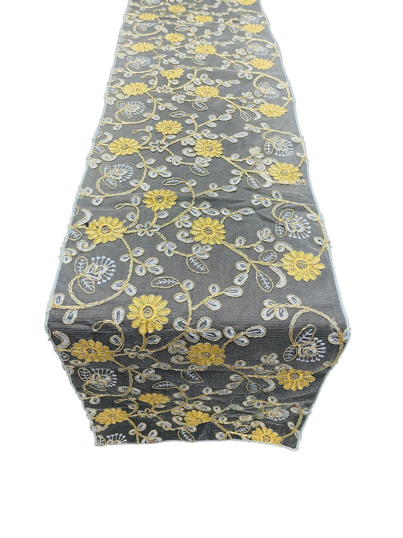 12" x 90" Metallic Floral Table Runner - Gold / Blue - Floral Table Runners for Event Decoration