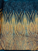 Three Tone Feather Fabric - Navy/Yellow/Gold - 4 Way Stretch Embroidered Sequins By Yard